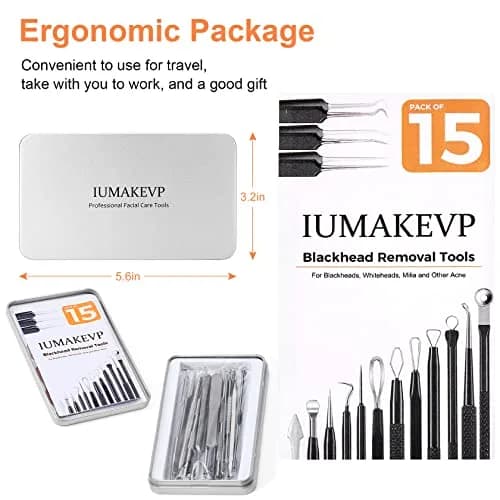 IUMAKEVP Black 15 PCS Skin Blemish Removal Tool Kit | Professional Stainless Steel Acne & Pimple Extractor (Silver) thumbnail 7