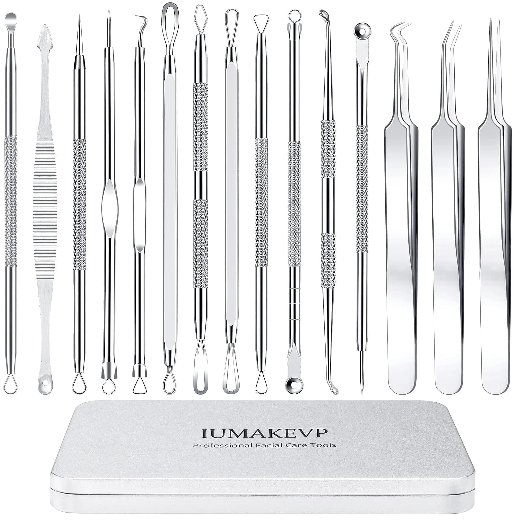 IUMAKEVP Black 15 PCS Skin Blemish Removal Tool Kit | Professional Stainless Steel Acne & Pimple Extractor (Silver) - main product image