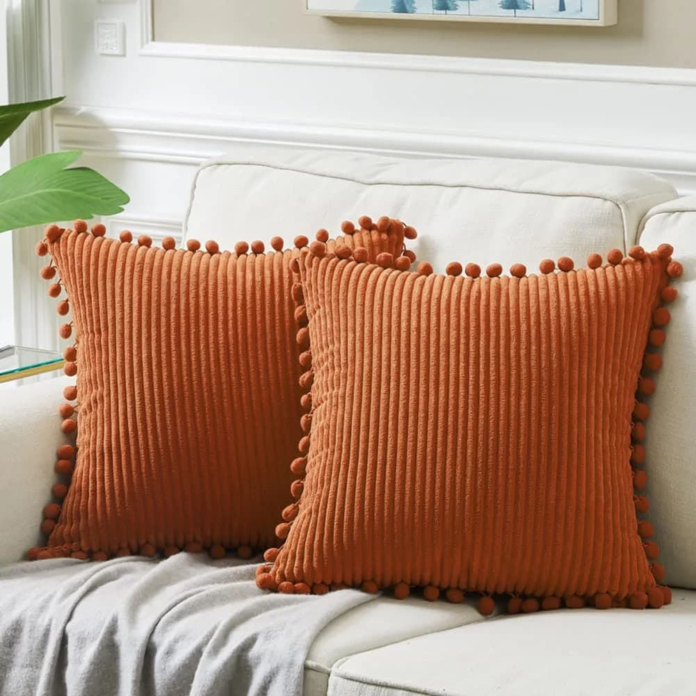 Fancy Homi Boho Decorative Throw Pillow Covers with Pom-poms, Soft Corduroy Accent Solid Square Cushion Case Set for Couch Sofa Bedroom Car Living Room (2-Pack, 18x18 Inch / 45x45 cm, Cream) — Rust