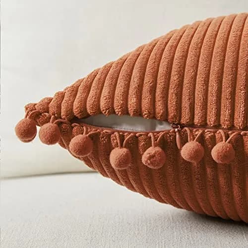 Fancy Homi Rust Fall Decorative Throw Pillow Covers 18x18 Inch (45x45 cm) | Pack of 2 Boho Corduroy Cushion Cases with Pom-poms thumbnail 3
