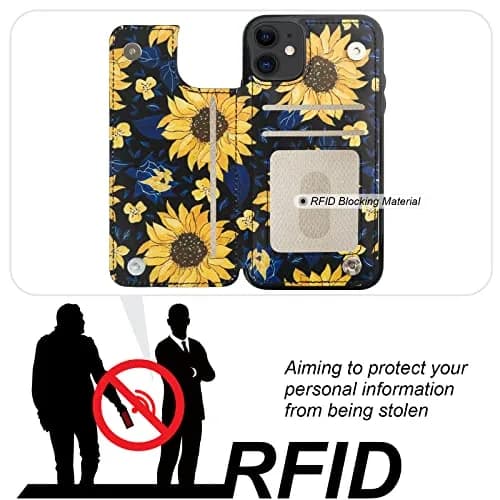 HAOPINSH Wallet Case Card Holder for iPhone 11 | Blooming Sunflowers Pattern, RFID Blocking, Shockproof, Flip Cover (6.1") thumbnail 4