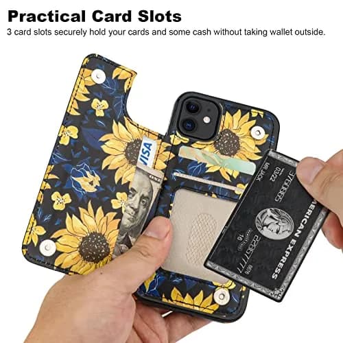HAOPINSH Wallet Case Card Holder for iPhone 11 | Blooming Sunflowers Pattern, RFID Blocking, Shockproof, Flip Cover (6.1") thumbnail 3