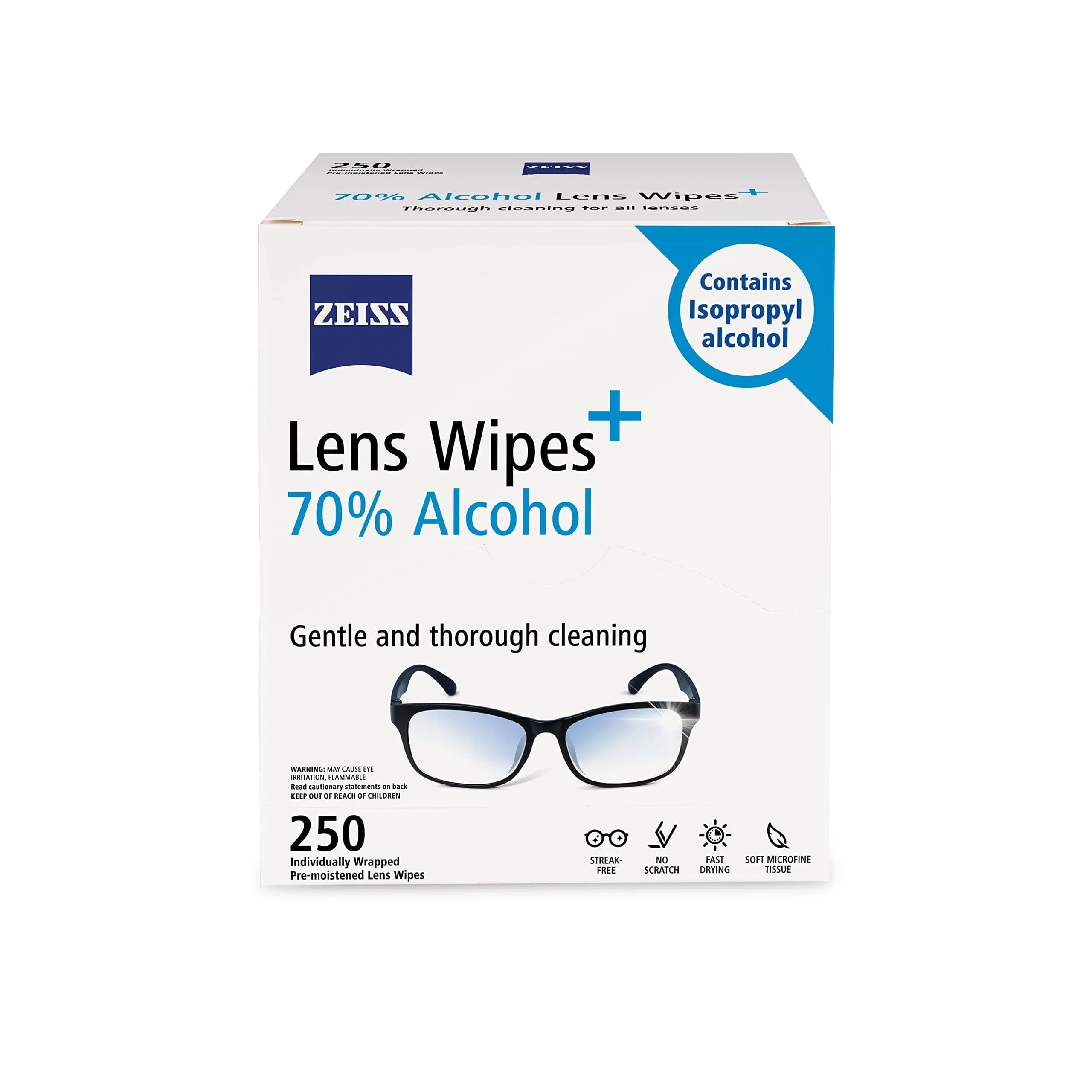 ZEISS Pre-Moistened Lens Cleaning Wipes with 70% Alcohol, 250 Count | Streak-Free Clarity for Optics