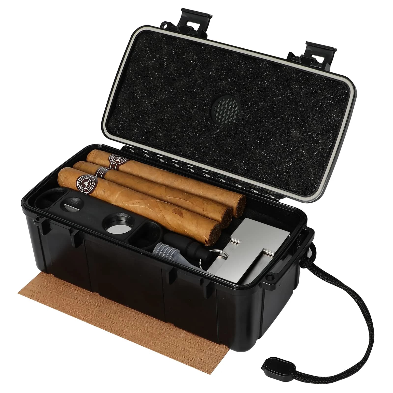 PLAYWITH Travel Humidor Box with Accessories - Black 23.5cm (9.4 inch) | Waterproof & Crushproof Cigar Case — store 12-15 cigars