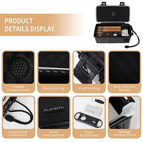 PLAYWITH Travel Cigar Humidor Box Case with Accessories & Spanish Cedar — 12-15 Cigar Capacity, Waterproof & Crushproof thumbnail 2