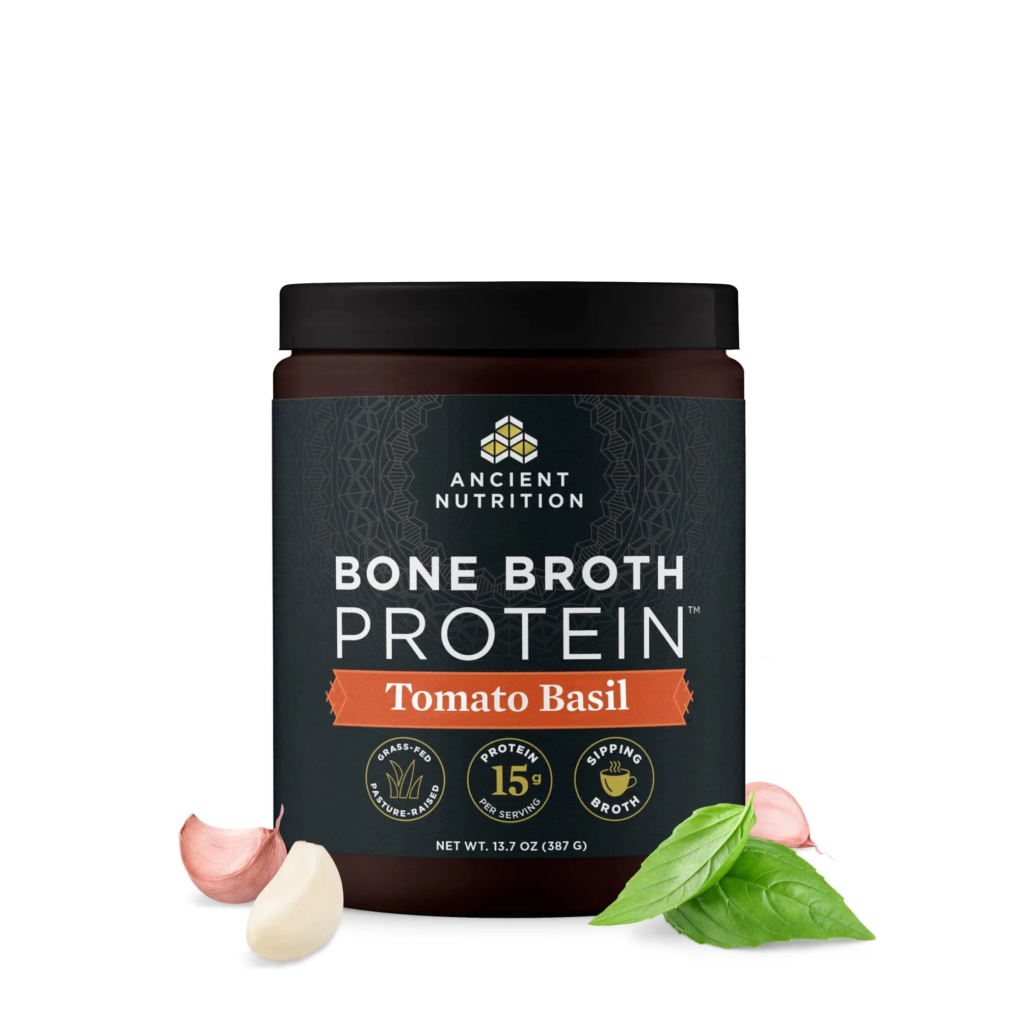 Ancient Nutrition Tomato Basil protein powder tub Bone broth 15 servings