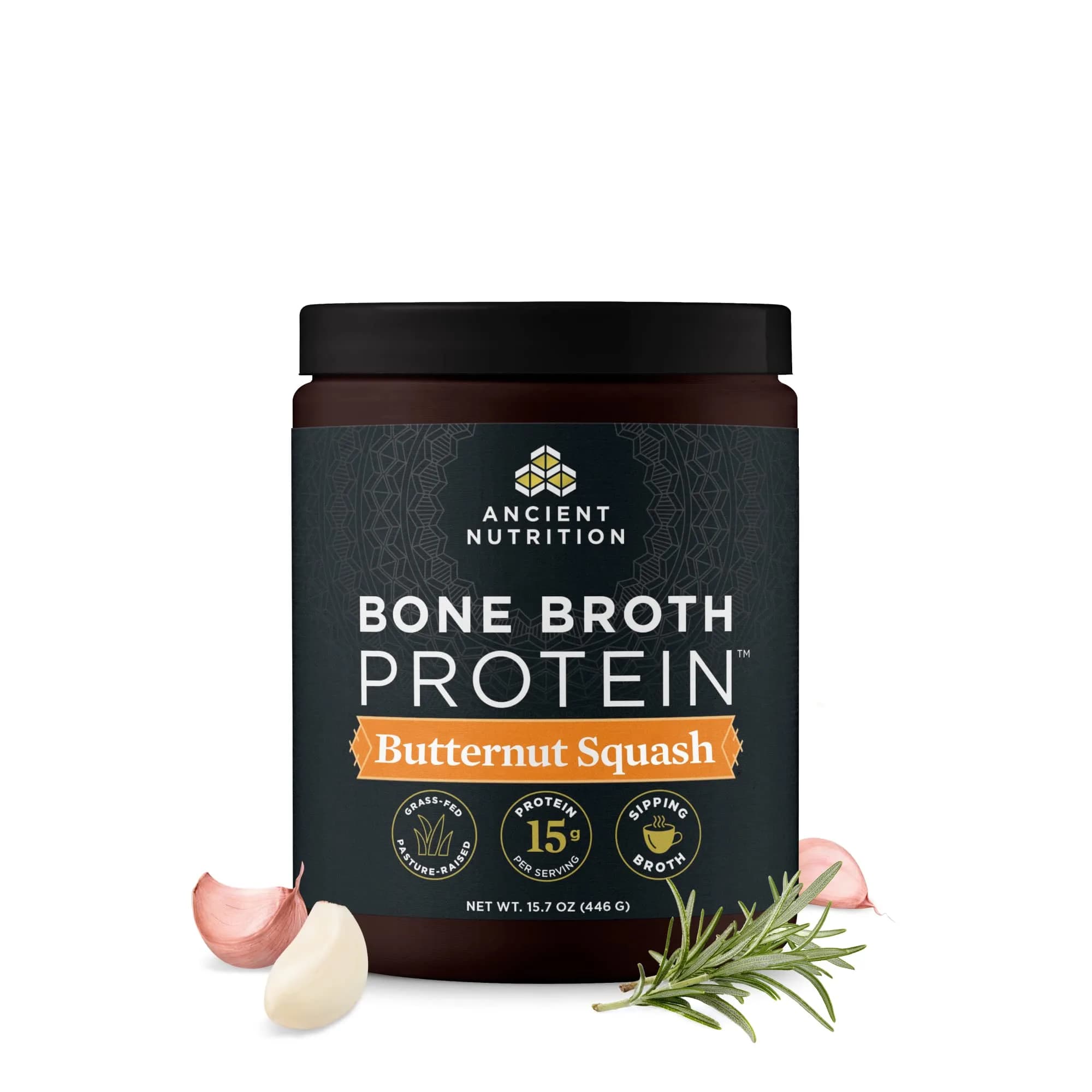 Ancient Nutrition Butternut Squash protein powder tub Bone broth 15 servings