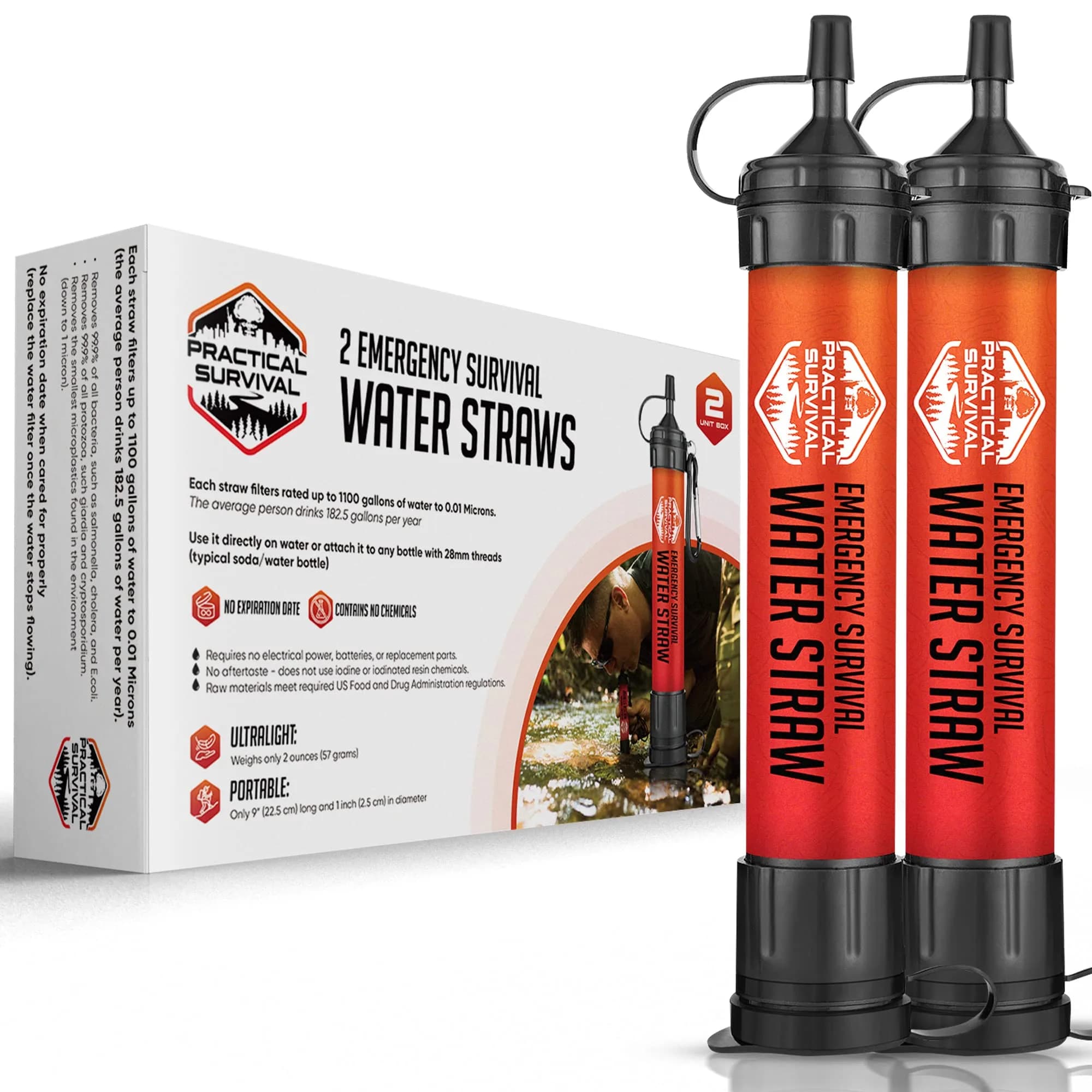 Practical Survival Emergency Water Straws (2-Pack) | Filters 1800 Gallons Each | Lightweight & Reusable