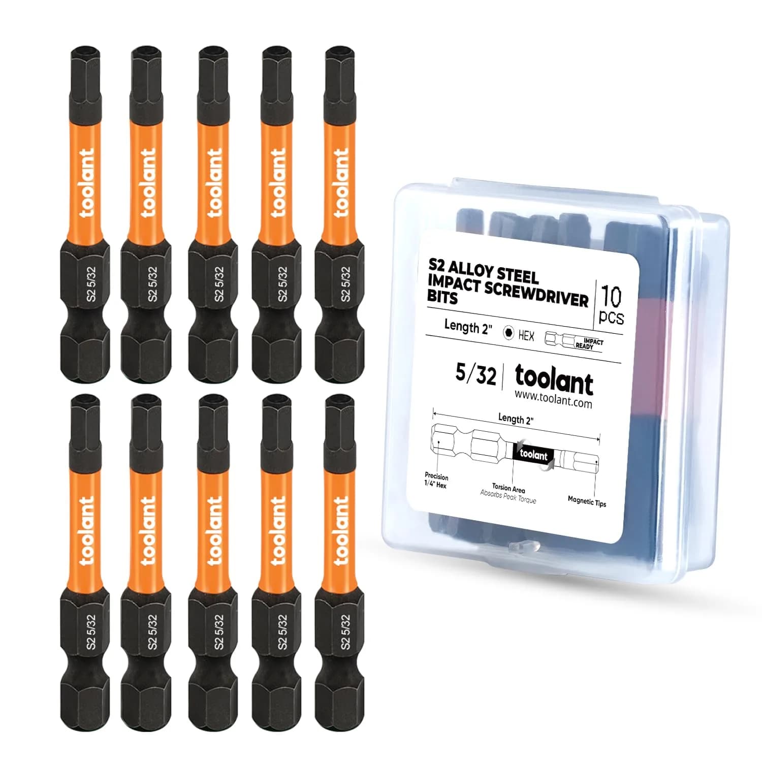 toolant 5/32-inch Impact Hex Bit Set, 10-Piece, 2-inch | Built for Impact Driving with S2 Steel