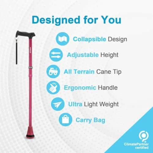 rehand Walking Cane - Foldable, Adjustable, Collapsible | Heavy Duty All Terrain Tip for Seniors & Adults thumbnail 2