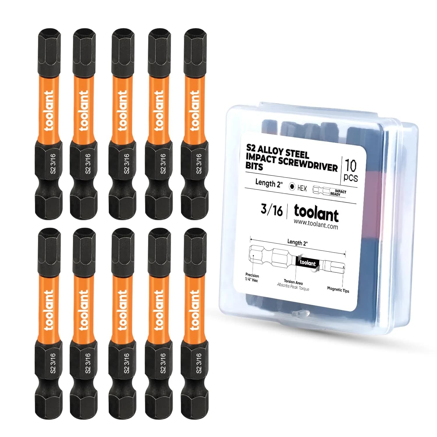 toolant 3/16-inch Impact Hex Bit Set, 10-Piece, 2-inch | S2 Steel, CNC-Machined, Magnetic Tips