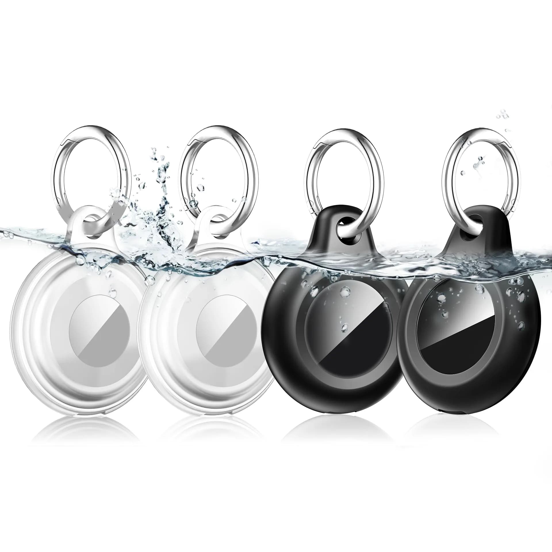Lanteso Airtag Holder Case with Keychain, 4 Pack Waterproof Shockproof Protective Cover for Apple Air Tags, Airtag Accessories for Pets, Kids, Luggage, Keys — Clear/Clear/Black/Black