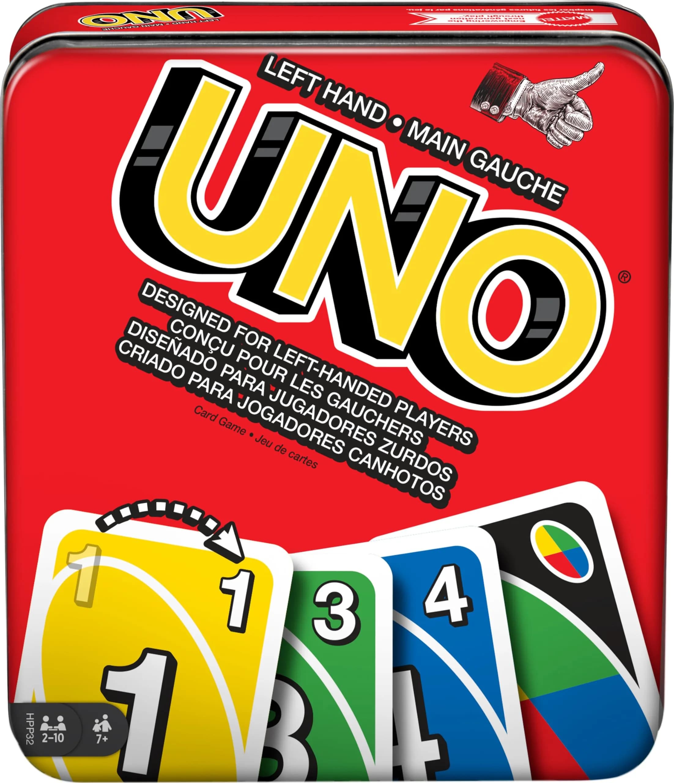 Mattel Games UNO Left Hand Tin Card Game for Family Night with Cards Specially Designed for Left-Handed Players (112 Cards)