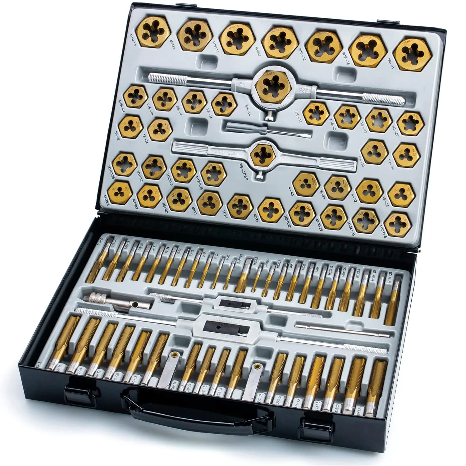 EFFICERE 60-Piece Tap and Die Set | Metric M3-M12 & SAE #4-1/2" Inch Threads | Includes 27 Taps, 27 Dies, Wrenches, Case — HSS Titanium Set, 86-Piece