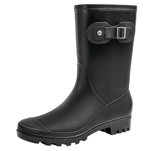 Fubotao Women's Mid Calf Rain Boots Black | Waterproof Fashion Garden Shoes with Comfortable Insole thumbnail 1