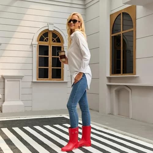 Fubotao Women's Mid Calf Rain Boots Red | Waterproof Fashion Garden Shoes with Buckle & Comfortable Insole thumbnail 2