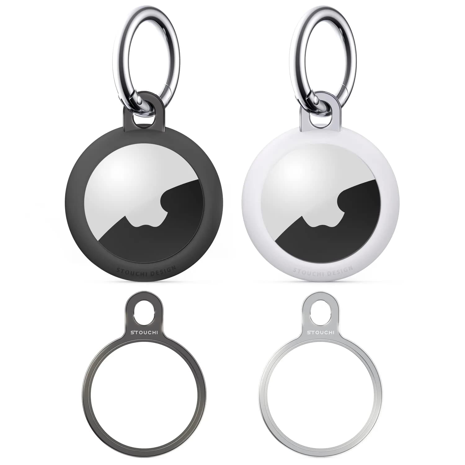 Stouchi Aluminium AirTag Holder Key Ring with Keychain & Rope | 2 Packs, Grey+Silver — Grey+white / 2P with TPU + 2 rings