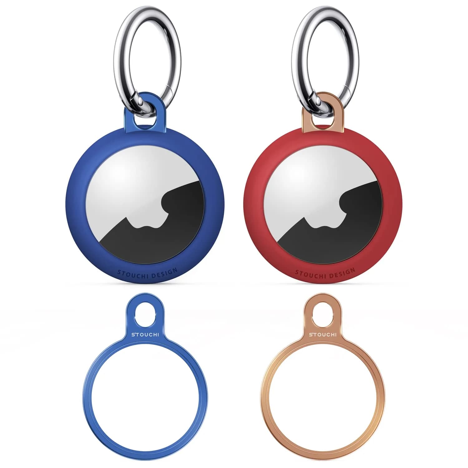 Stouchi Aluminium AirTag Holder Key Ring with Keychain & Rope | 2 Packs, Grey+Silver — Blue+Red