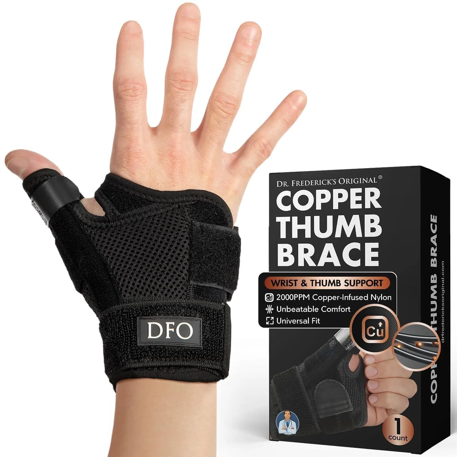 Dr. Frederick's Original Copper Thumb & Wrist Brace | Support for Arthritis & Tendonitis (One Size) — Black