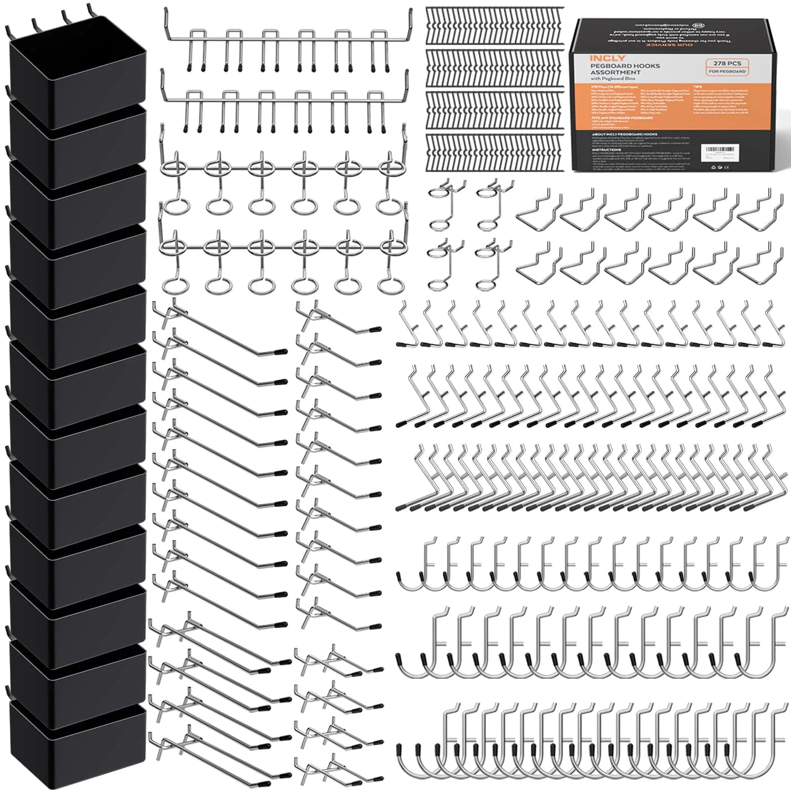 INCLY 120PCS Pegboard Accessories Organizer Kit with Pegboard Hooks & Bins | Heavy Duty Metal & Plastic Set — Black, Silver