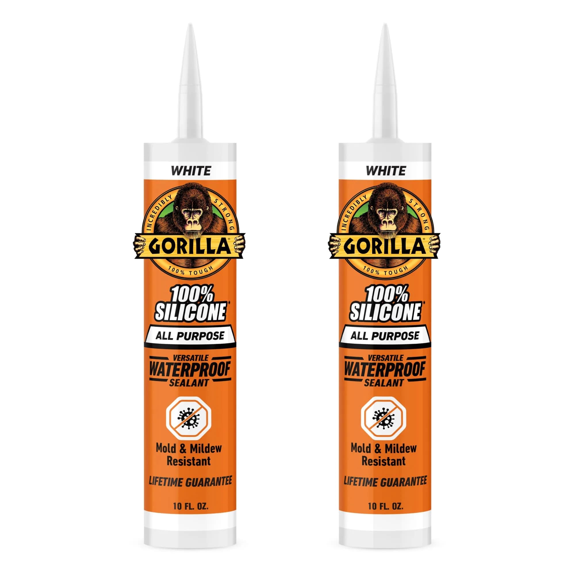 Gorilla 100% Silicone Sealant Caulk White 10 oz (296 ml) Cartridge, 2-Pack | Waterproof, Mold & Mildew Resistant Seal - main product image