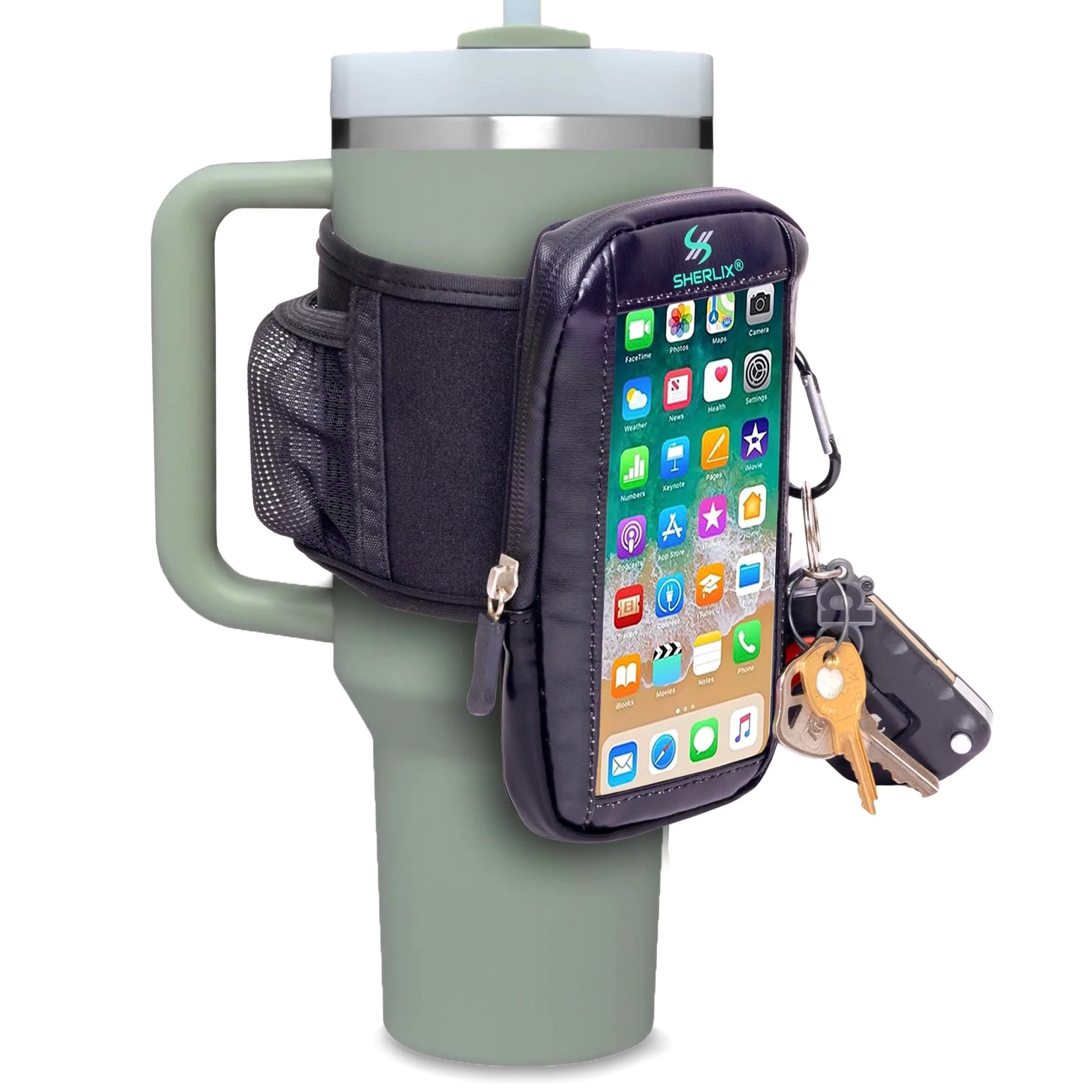SHERLIX Universal Water Bottle Pouch with Accessory Pockets & Carabiner | Fits 18-40 oz Bottles, Black — Touchscreen Phone Pouch (Black 18-40 oz)