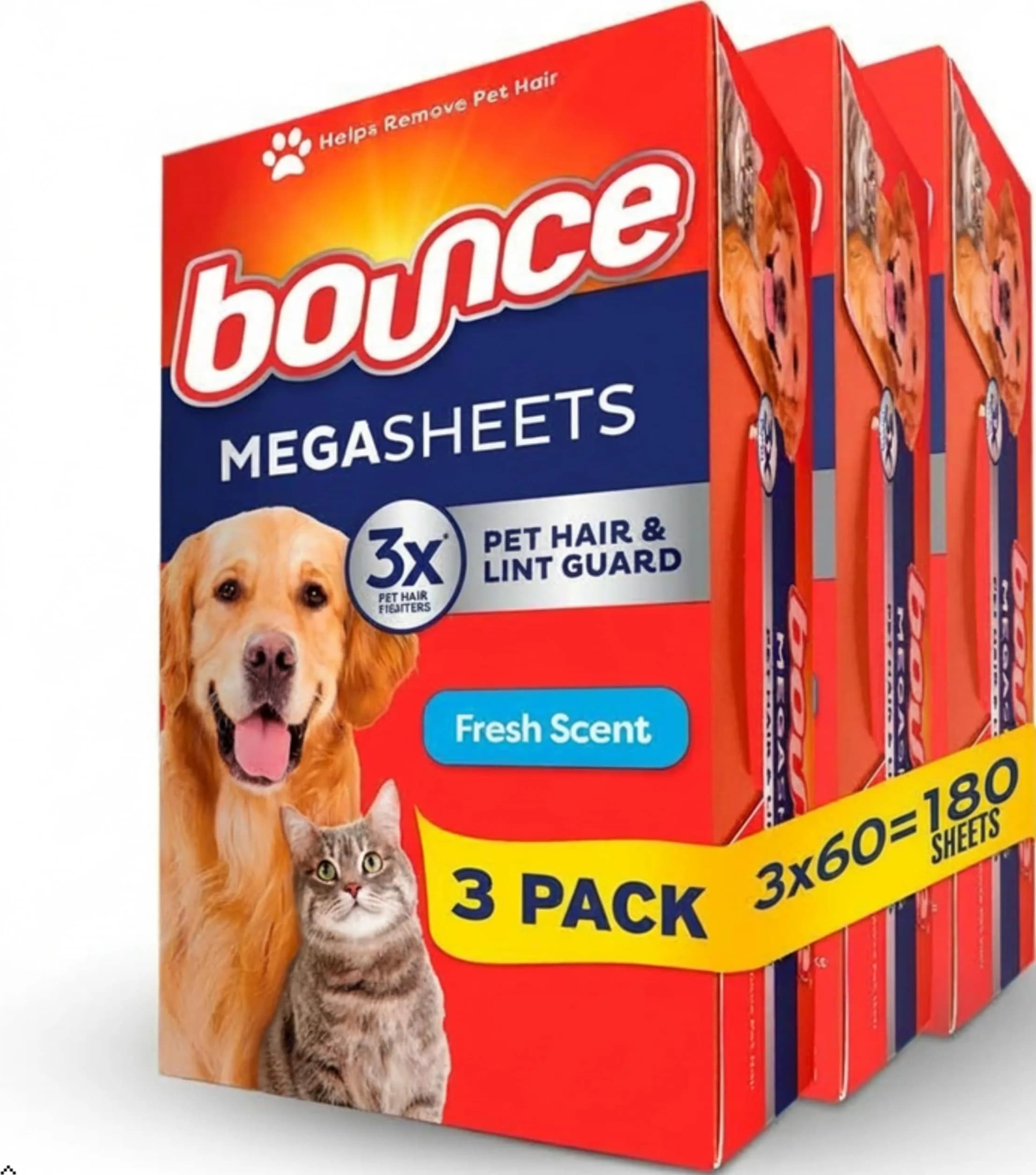 Bounce Pet Hair and Lint Guard Mega Dryer Sheets, 180 Count | Tackles 3X Pet Hair vs. Standard Bounce Sheets - main product image