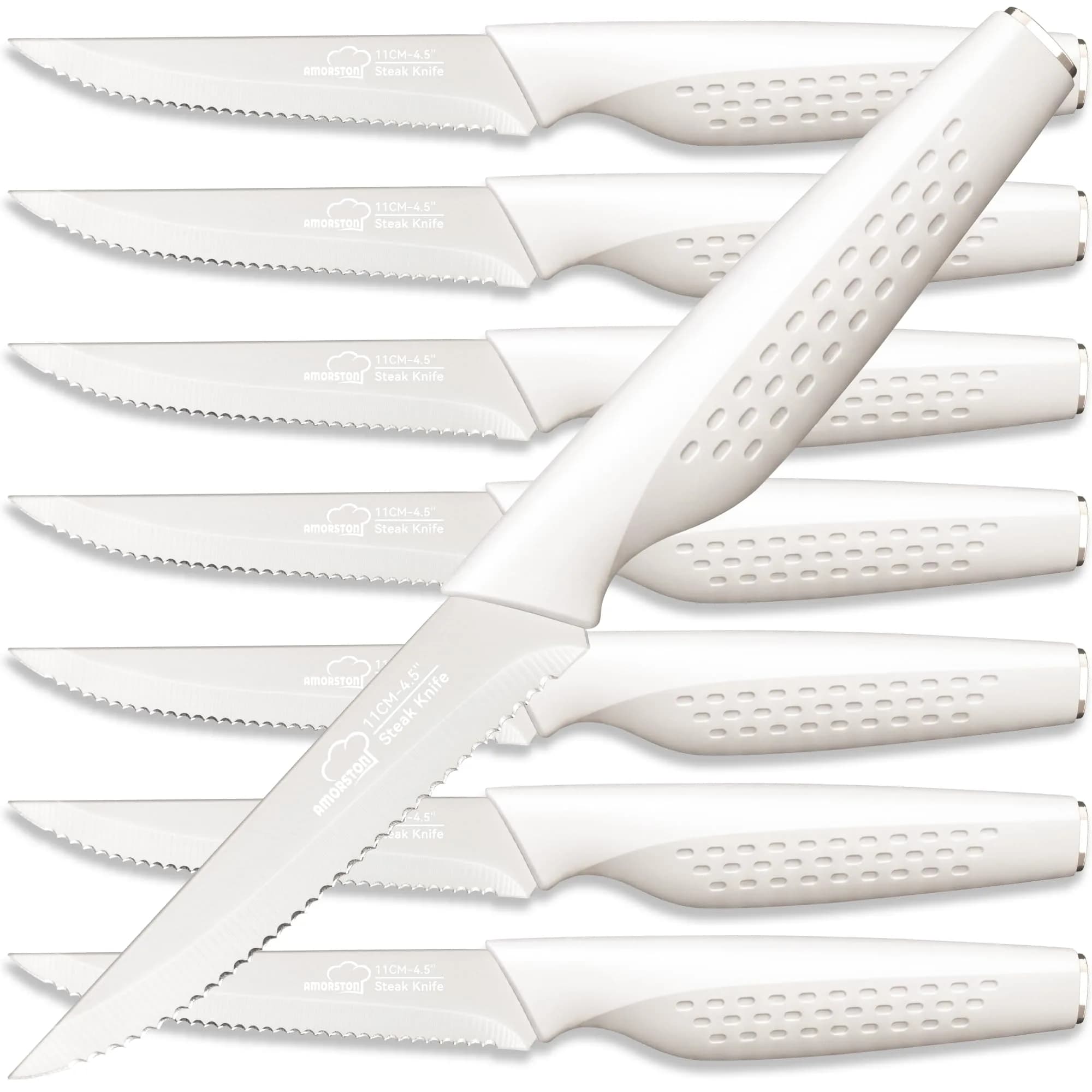 Amorston Steak Knives Set of 8, Serrated High Carbon Stainless Steel Blades 20.3 cm (8 inches) | Dishwasher Safe Black Kitchen Knives — Cream White