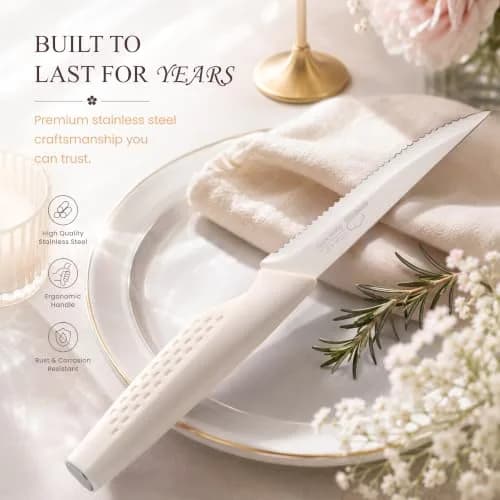 Amorston Steak Knives Set of 8 Stainless Steel Serrated Knives Cream White | Dishwasher Safe & Rust-Resistant thumbnail 4