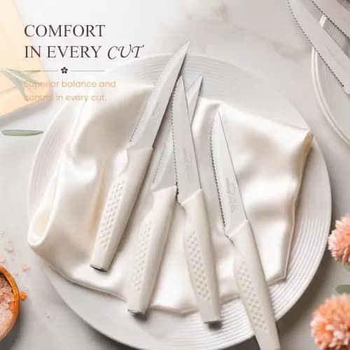 Amorston Steak Knives Set of 8 Stainless Steel Serrated Knives Cream White | Dishwasher Safe & Rust-Resistant thumbnail 6
