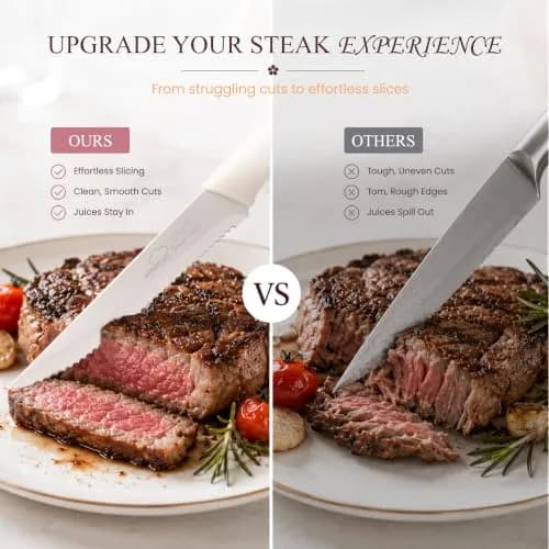 Amorston Steak Knives Set of 8 Stainless Steel Serrated Knives Cream White | Dishwasher Safe & Rust-Resistant thumbnail 7