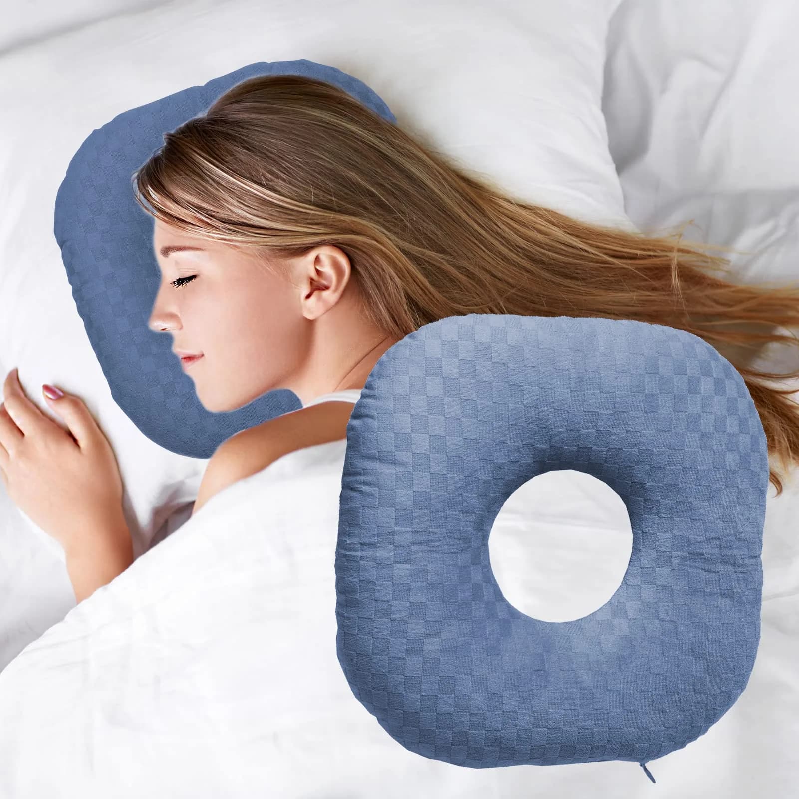Wuronsa Ear Piercing Pillow with Hole | 23 cm (9") Blue Solid