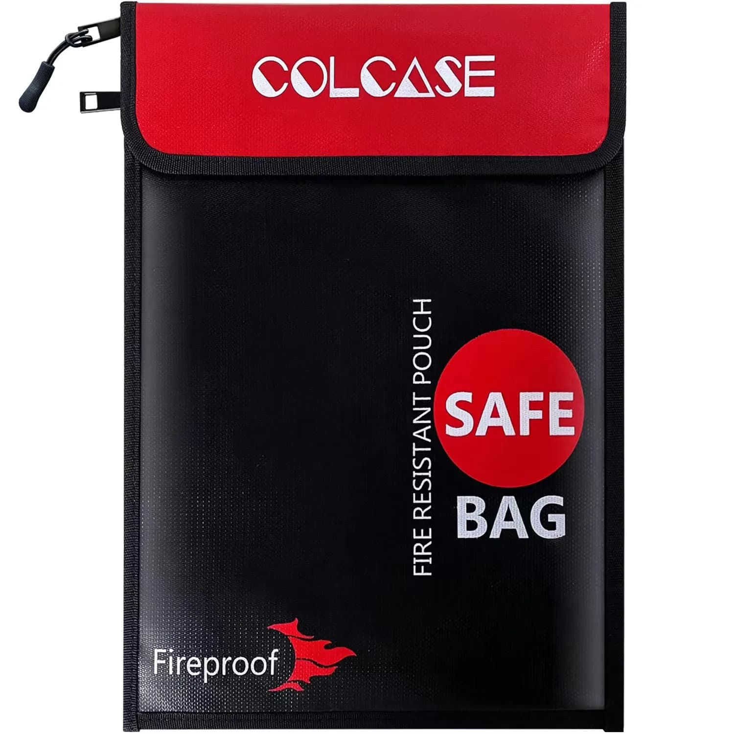 COLCASE Fireproof Document Bag 2 Pockets 38cm x 28cm (15" x 11") | Silicone Coated Fiberglass for 2000°F Protection — Black