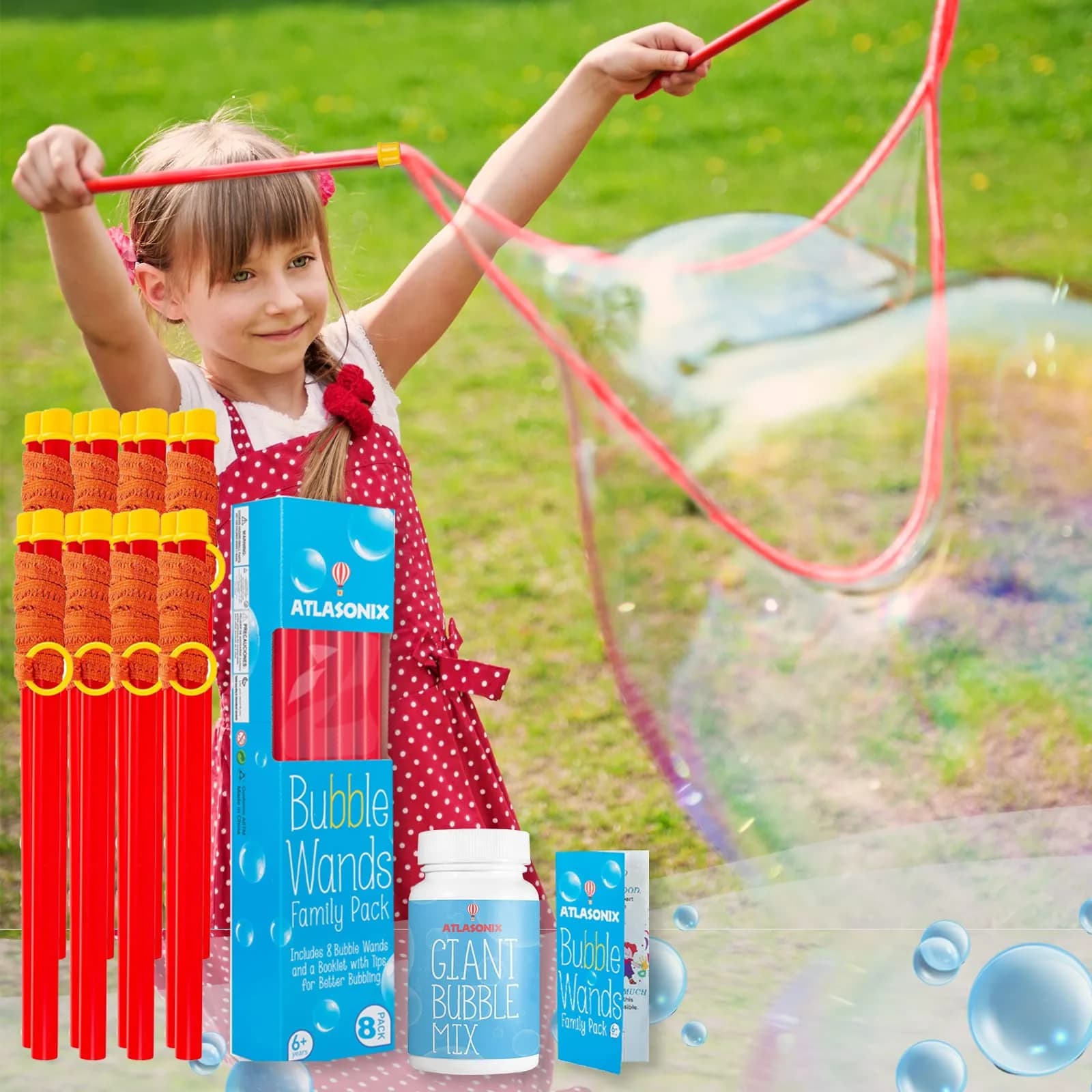 Atlasonix Giant Bubble Wand Set with 2 Gallons Bubble Solution Powder | Non-Toxic & Easy to Use for Kids Ages 3+ — Transparent