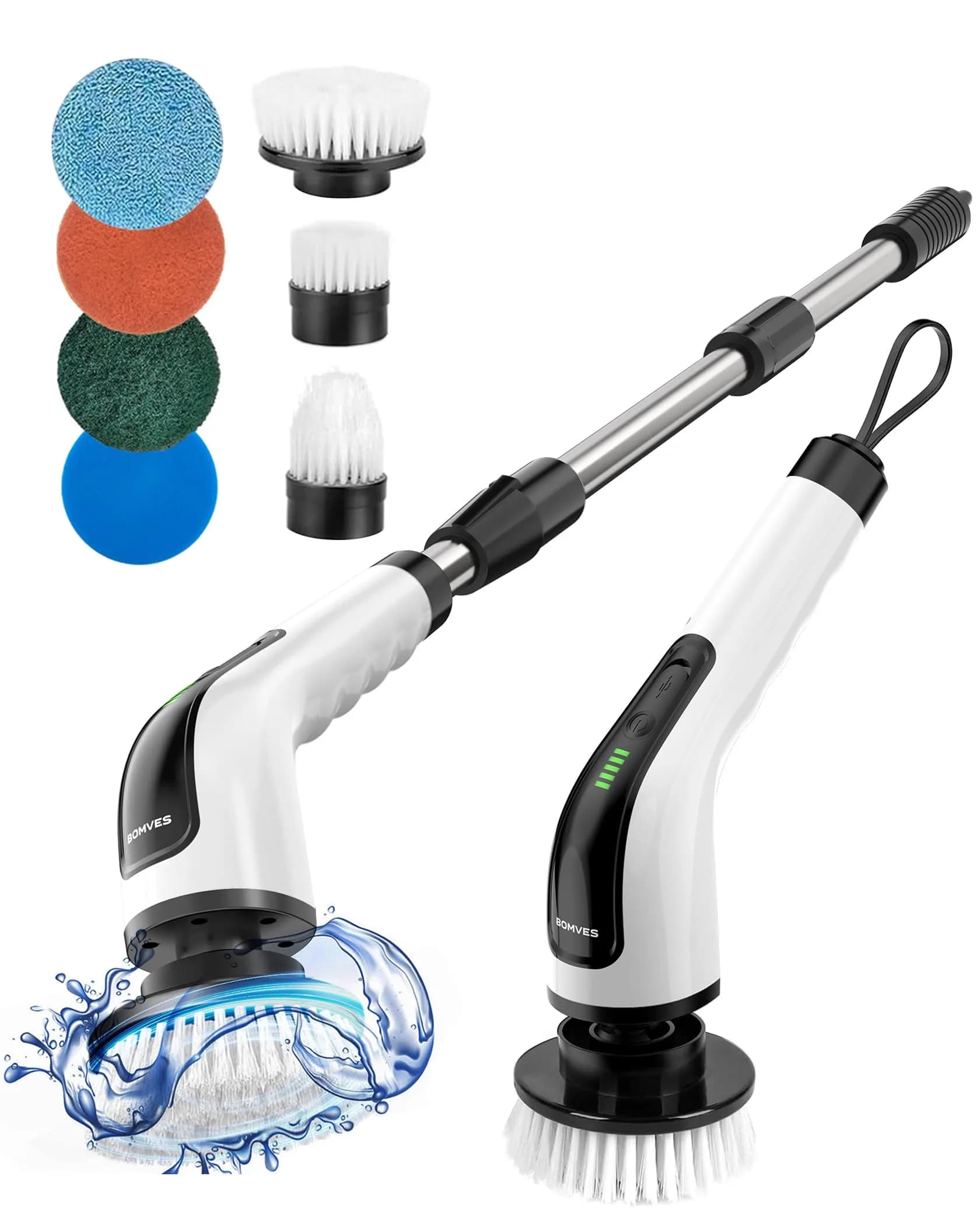 Bomves Electric Spin Scrubber with Long Handle & 8 Replaceable Brush Heads | 45in (114cm) Extendable, 500 RPM, Cordless Bathroom Cleaner - main product image