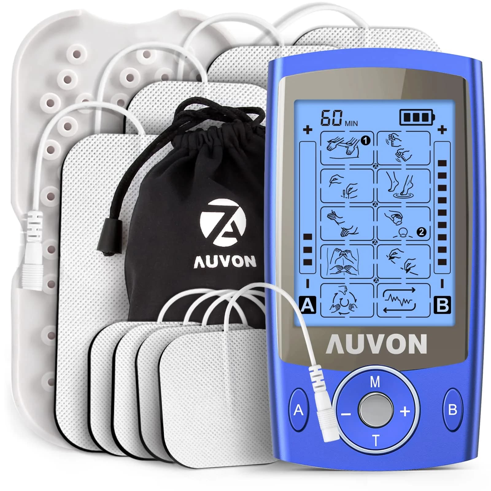 AUVON Dual Channel TENS Unit Muscle Stimulator Machine 16 Piece Set | Drug-Free Pain Relief for Shoulder, Lower Back, Knee — Blue