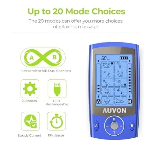 AUVON Dual Channel TENS Unit Muscle Stimulator Machine for Pain Relief with 20 Modes & 2x4 Inch Electrode Pads thumbnail 4