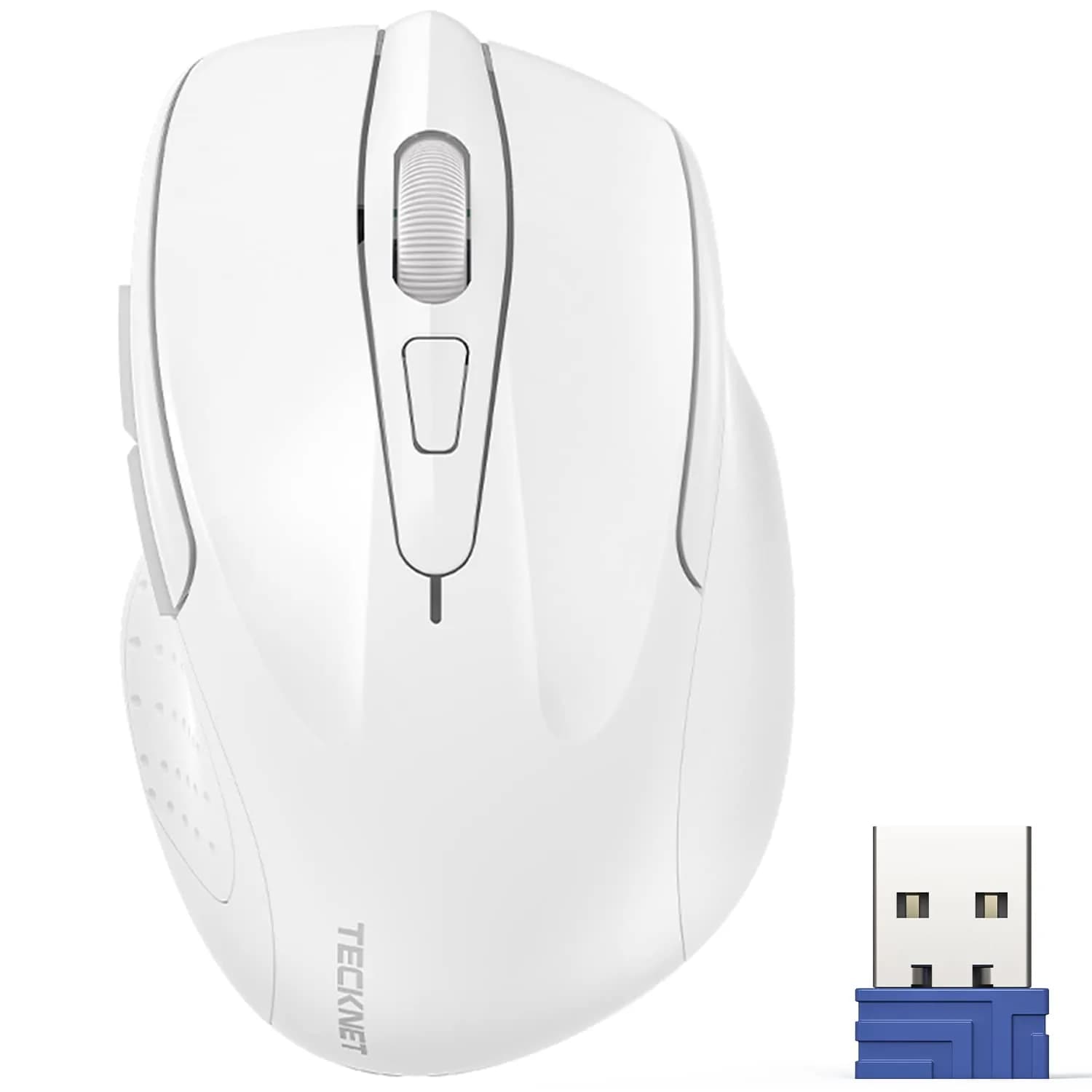 TECKNET M003 Wireless Ergonomic Computer Mouse - White, 2.4G with 2600 DPI for Right-Handed Use