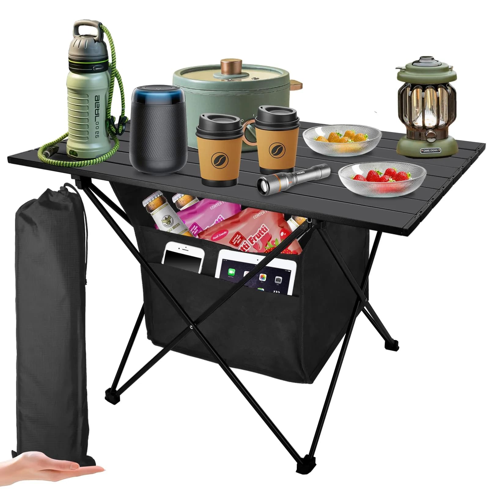 Audoyon Foldable Camping Side Table L Black | Ultralight Aluminum Roll-Up Table with Carry Bag & Storage for Picnic, Hiking, Beach (18x27x18 inches)