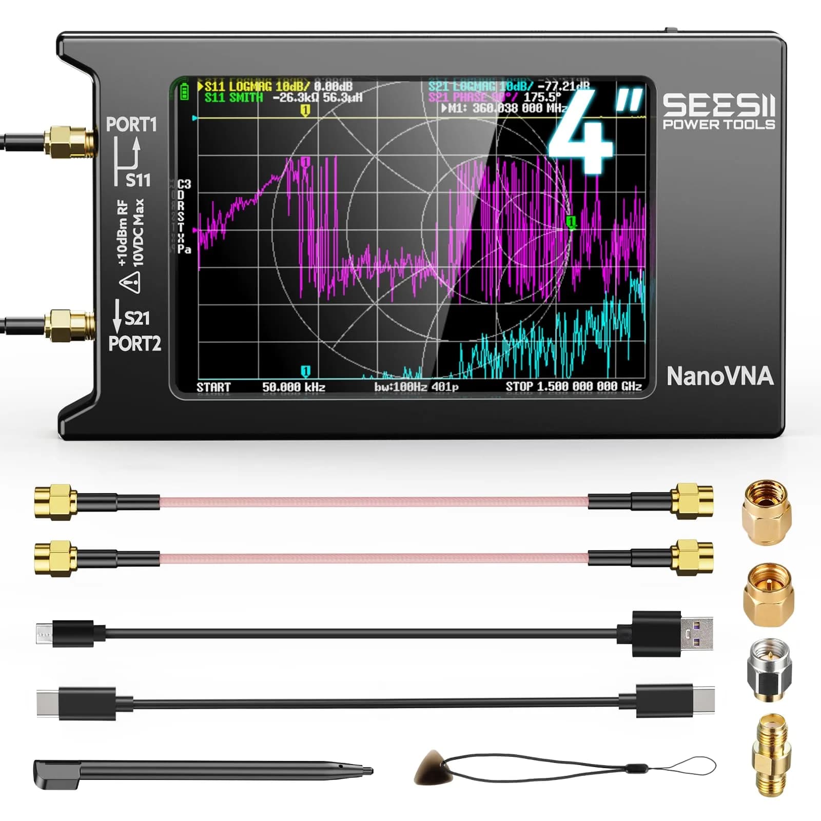 Seesii NanoVNA-H4 Vector Network Analyzer V4.4 9kHz-1.5GHz | 1.5GHz Frequency Range, 4" Touchscreen, EVA Case — Nanovna H4+32GB