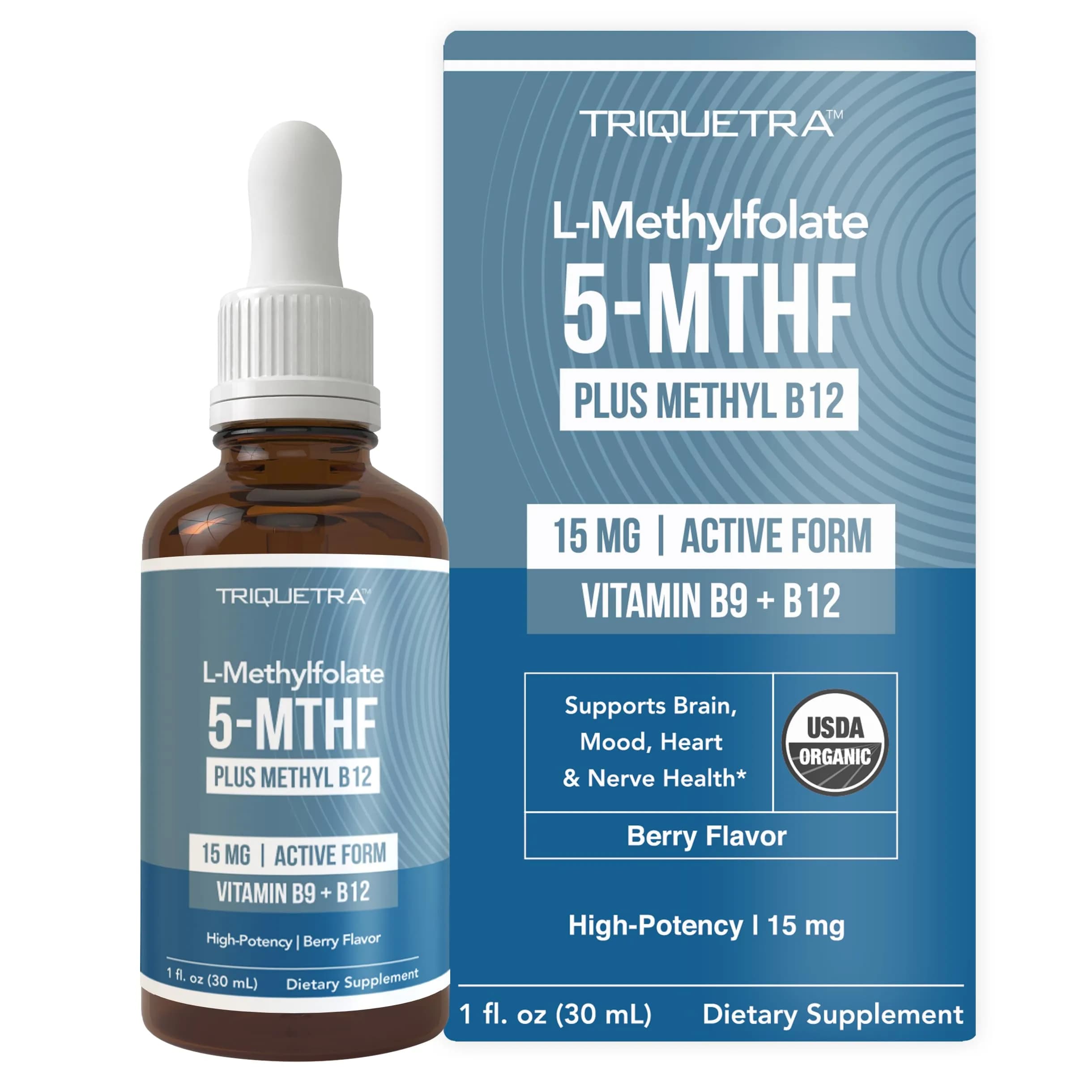 Triquetra Health L-Methylfolate 15mg Vitamin B9 & B12 Liquid 30ml (1 Fl Oz) | Active Folate for Mood & Cognition