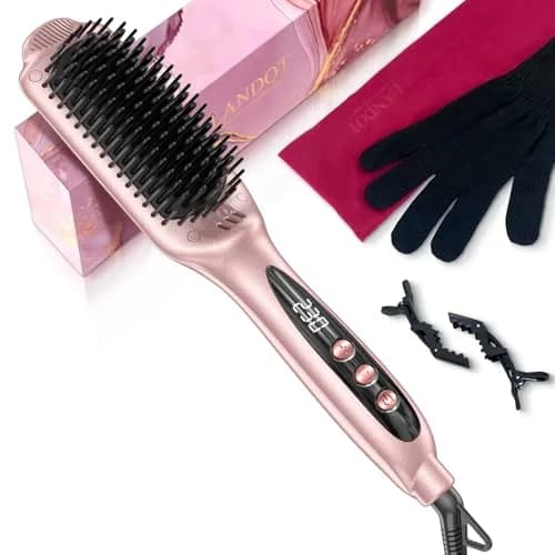 LANDOT Ionic Hair Straightening Brush, Anti-Frizz Ceramic Heated Hot Comb | 12 Heat Settings, Dual Voltage, Auto-Off, Rose Gold thumbnail 1