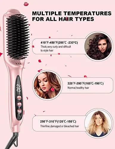 LANDOT Ionic Hair Straightening Brush, Anti-Frizz Ceramic Heated Hot Comb | 12 Heat Settings, Dual Voltage, Auto-Off, Rose Gold thumbnail 4