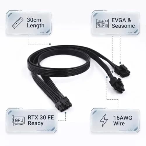 lilila-ree 12 Pin GPU Power Adapter Cable for EVGA & Seasonic PSUs | Mini 12 Pin to 2x 8 Pin (6+2) PCIe, 30cm thumbnail 2