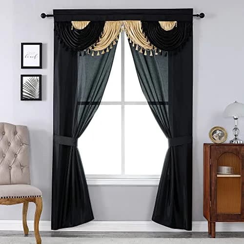 Regal Home Collections Amore 5-Piece Gothic Curtain Set 137cm x 213cm (54"W x 84"L) | Black/Gold Light-Filtering Panels with Valance and Tiebacks thumbnail 1