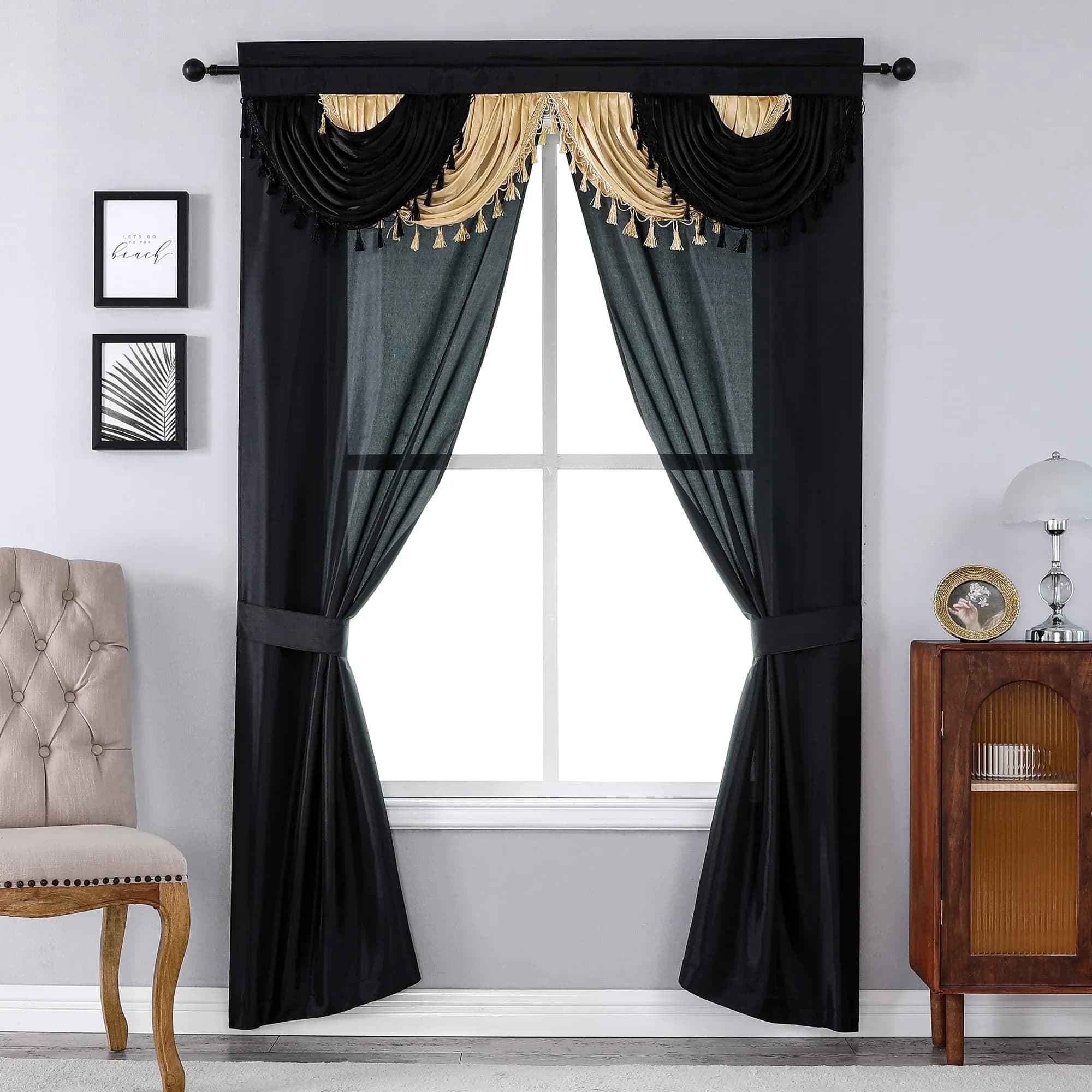 Regal Home Collections Amore 5-Piece Gothic Curtain Set 137cm x 213cm (54"W x 84"L) | Black/Gold Light-Filtering Panels with Valance and Tiebacks - main product image