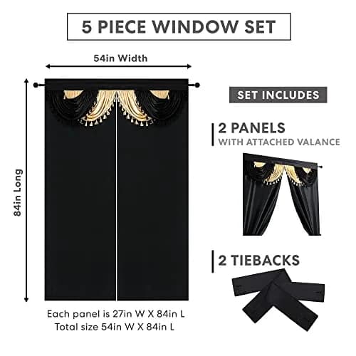 Regal Home Collections Amore 5-Piece Gothic Curtain Set 137cm x 213cm (54"W x 84"L) | Black/Gold Light-Filtering Panels with Valance and Tiebacks thumbnail 4