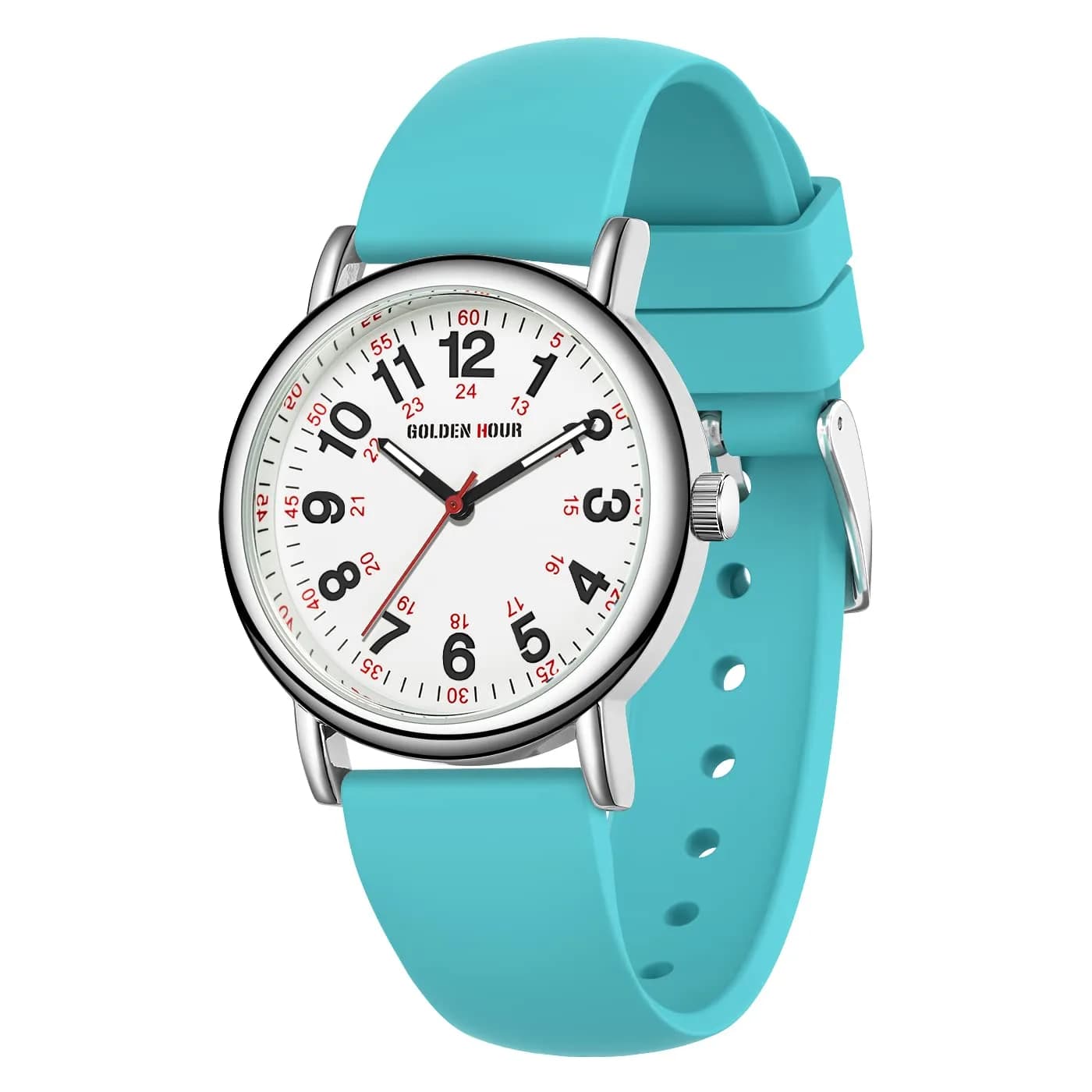 GOLDEN HOUR Waterproof Nurse Watch 38mm White Silicone Band | Easy Read 12/24 Hour Dial, Second Hand, Medical-Style — Light Blue