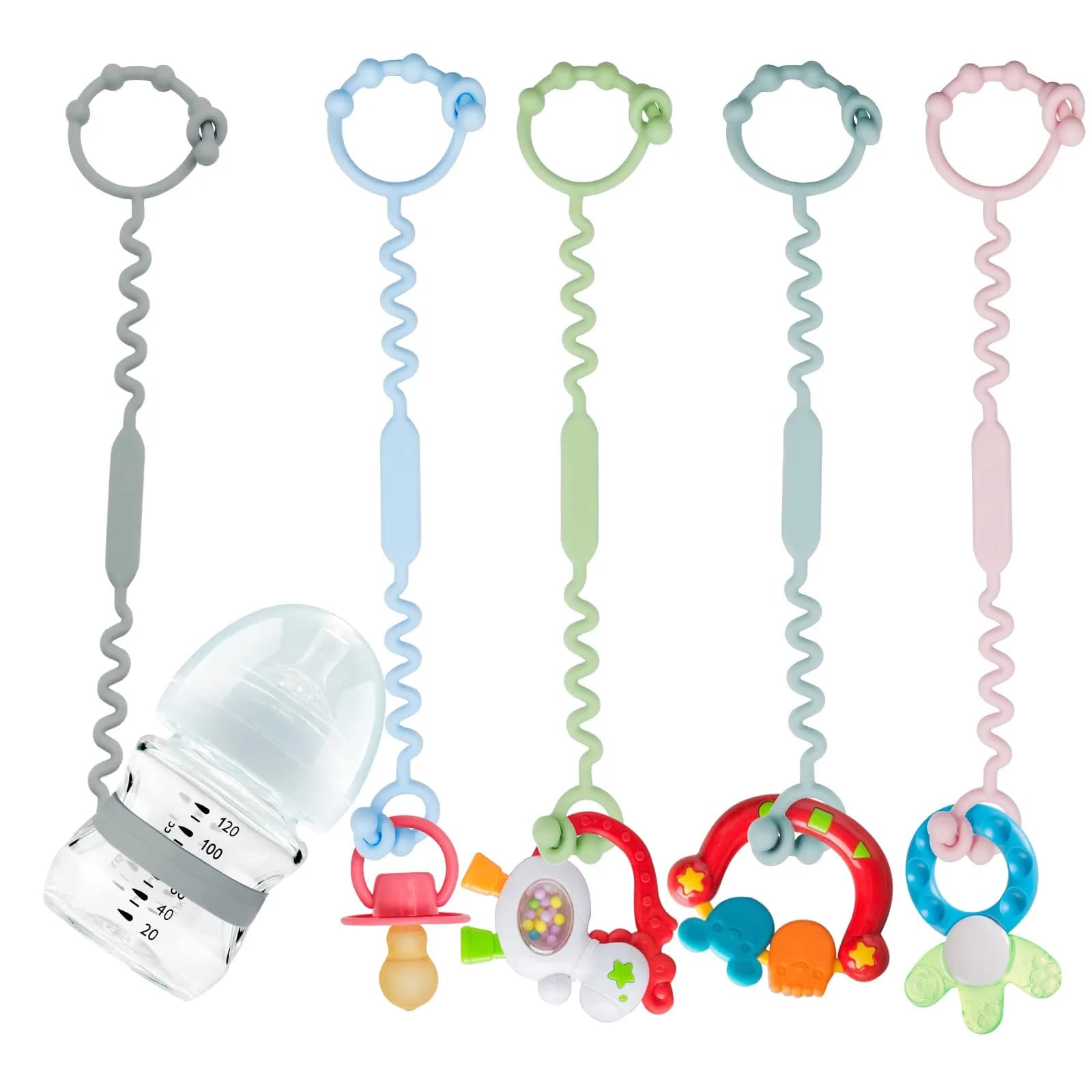 Yunaeduo Silicone Toy Straps for Baby, 5 Pack | Adjustable, BPA-Free, Heat-Resistant Toy Holder for Stroller, High Chair, Sippy Cups — A-multi