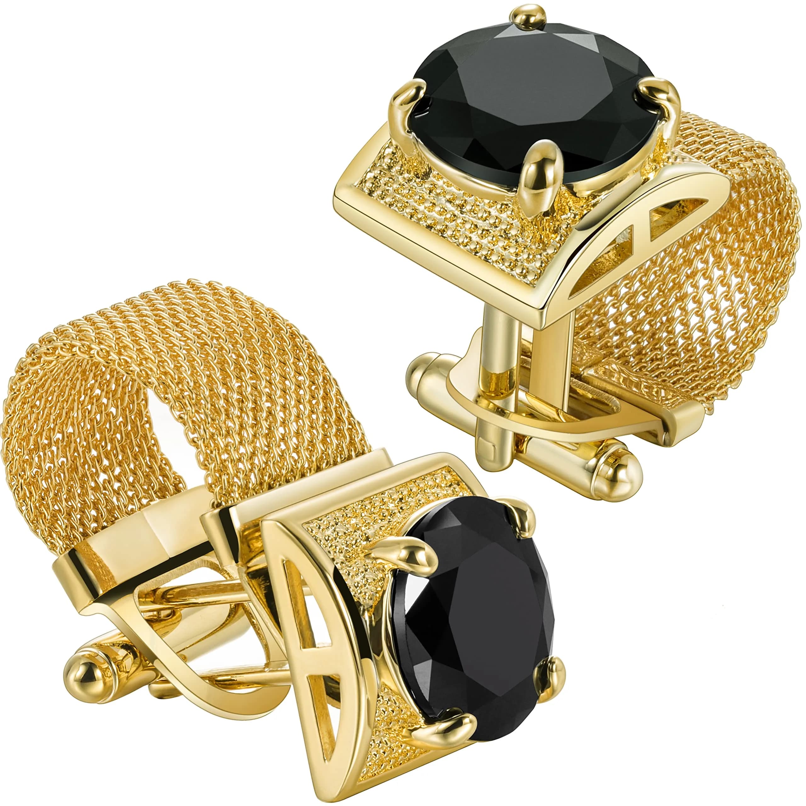 HAWSON Gold Color Black Crystal Flower Cufflinks with Chain | 1.7cm (0.67 Inch) Set of 2 — 24K Gold Color+Black Crystal
